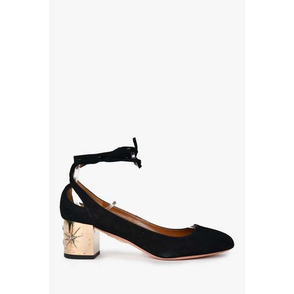 Aquazzura Black/Gold Suede Strappy Round Toe Block Heels Size 37 - Picture 1 of 3